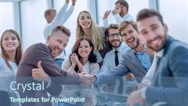  Presentation with business partner people joining hand - Audience pleasing presentation design consisting of happy business people shaking hands in the conference room backdrop and a ocean colored foreground