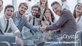  Presentation with conference - Colorful presentation design enhanced with motivation - happy business people shaking hands backdrop and a ocean colored foreground