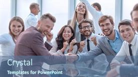  Presentation with conference - Slide deck having happy-business-people-shaking-hands background and a ocean colored foreground