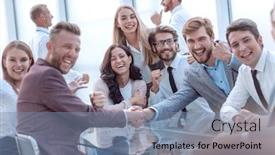  Presentation with conference - Audience pleasing PPT theme consisting of happy-business-people-shaking-hands backdrop and a seafoam green colored foreground