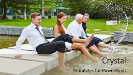  Presentation with social business people network - PPT theme with happy business people splashing water background and a mint green colored foreground