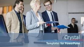  Presentation with files - Presentation theme consisting of happy business people talking while holding files at reception counter in convention center background and a ocean colored foreground
