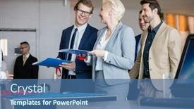  Presentation with files - Slides featuring happy business people talking while holding files at reception counter in convention center background and a ocean colored foreground