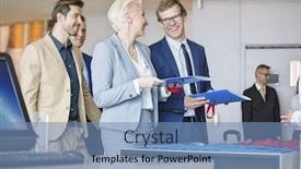  Presentation with files - Theme with happy business people talking while holding files at reception counter in convention center background and a teal colored foreground