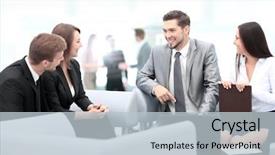  Presentation with people talking - Beautiful PPT theme featuring happy business people talking on meeting at office backdrop and a lemonade colored foreground