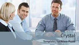 Presentation with people talking - Cool new slides with happy business people talking on meeting at office smiling backdrop and a light blue colored foreground