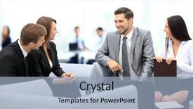  Presentation with people talking - PPT theme with happy business people talking on meeting at office background and a light blue colored foreground