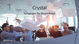  Presentation with tossing - PPT theme with happy business people tossing papers background and a light blue colored foreground