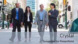  Presentation with walking together - Audience pleasing PPT theme consisting of happy business people walk backdrop and a light blue colored foreground