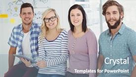  Presentation with business office desk - Audience pleasing slides consisting of happy business people with digital backdrop and a seafoam green colored foreground