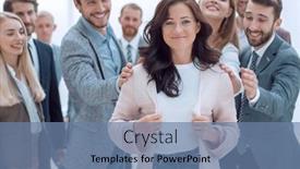  Presentation with team leader - Slide set with happy-business-team-admiring background and a seafoam green colored foreground