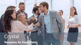  Presentation with team leader - Beautiful presentation design featuring happy-business-team-applauding backdrop and a ocean colored foreground