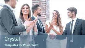  Presentation with team - Presentation theme having happy business team applauds new background and a ocean colored foreground