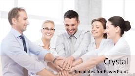  Presentation with victory team - Presentation design consisting of happy business team celebrating victory background and a soft green colored foreground