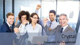  Presentation with team success for future - PPT theme with business team celebrating a success background and a seafoam green colored foreground