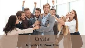  Presentation with team leader - Slide set with happy-business-team-congratulating background and a coral colored foreground