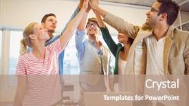 Presentation with checks - Cool new PPT layouts with happy business team doing hands checks in the office backdrop and a coral colored foreground