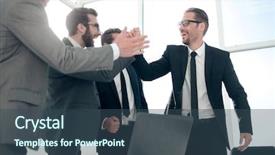  Presentation with giving - Colorful presentation theme enhanced with happy business team giving each backdrop and a ocean colored foreground