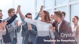  Presentation with giving - Presentation design featuring happy-business-team-giving-each background and a ocean colored foreground