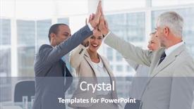  Presentation with team - Colorful presentation theme enhanced with happy business team high fiving backdrop and a gray colored foreground