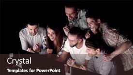  Presentation with monitor computer - Beautiful PPT theme featuring happy-business-team-looking backdrop and a wine colored foreground