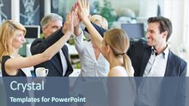  Presentation with team hands - Audience pleasing PPT theme consisting of happy business team making high backdrop and a ocean colored foreground