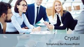  Presentation with team planning - Beautiful theme featuring happy business team planning work backdrop and a light blue colored foreground