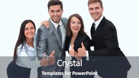  Presentation with business team join hands white - Slide deck with happy business team showing thumb background and a tawny brown colored foreground