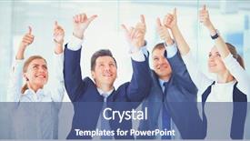  Presentation with team - PPT theme featuring happy business team showing thumbs background and a  colored foreground