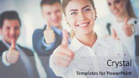  Presentation with team - Colorful presentation theme enhanced with happy business team showing thumbs backdrop and a  colored foreground