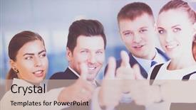 Presentation with team - Amazing presentation theme having happy business team showing thumbs backdrop and a  colored foreground