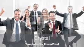  Presentation with conference - PPT theme enhanced with happy business team sitting in conference room background and a dark gray colored foreground