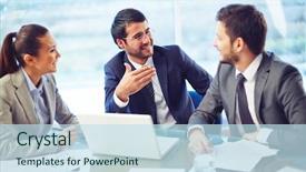  Presentation with meeting table - PPT theme consisting of happy business team talking together background and a  colored foreground