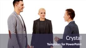  Presentation with team together everyone achieves more - Cool new theme with happy business team talking together backdrop and a tawny brown colored foreground