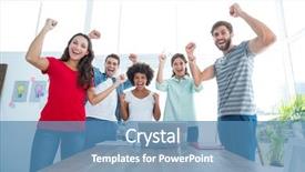  Presentation with air - Presentation design having happy business team with fists background and a teal colored foreground