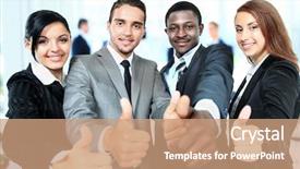  Presentation with team - Amazing presentation having happy business team with thumbs backdrop and a coral colored foreground