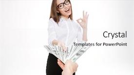  Presentation with bribe - Slides featuring happy business woman accepting money background and a white colored foreground