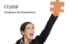  Presentation with puzzle - Amazing presentation theme having happy business woman holding backdrop and a white colored foreground