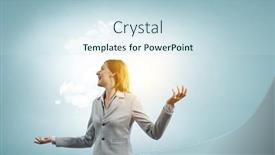  Presentation with media - Slides featuring happy-business-woman-mixed-media background and a sky blue colored foreground