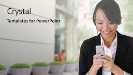  Presentation with sms - Colorful PPT theme enhanced with happy business woman reading sms backdrop and a lemonade colored foreground