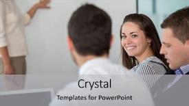  Presentation with company - PPT theme consisting of happy business woman smiling in company work meeting background and a light gray colored foreground