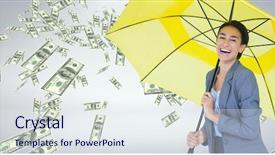  Presentation with under umbrella - Slide deck with happy business woman under umbrella background and a sky blue colored foreground