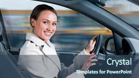  Presentation with car business - PPT theme having happy business woman in a car is looking at camera background and a ocean colored foreground