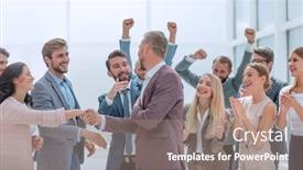  Presentation with congratulations - Amazing slide set having happy businessman accepting congratulations of his colleagues backdrop and a coral colored foreground