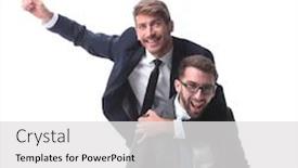  Presentation with colleague farewell goodby - Amazing PPT theme having happy-businessman-carrying-his-colleague backdrop and a white colored foreground