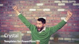  Presentation with laptop - Presentation theme having happy businessman cheering while looking background and a ocean colored foreground