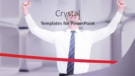  Presentation with finish line - Audience pleasing presentation theme consisting of happy businessman crossing the finish line against white abstract room backdrop and a lemonade colored foreground