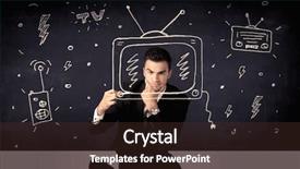  Presentation with television - Cool new PPT theme with happy businessman drawing a television backdrop and a tawny brown colored foreground