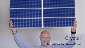  Presentation with solar panel - PPT layouts consisting of happy-businessman-holding-a-solar background and a light blue colored foreground