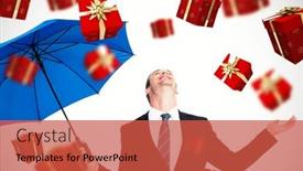  Presentation with red gold - Slides with happy businessman holding blue umbrella and looking up against red and gold presents background and a red colored foreground
